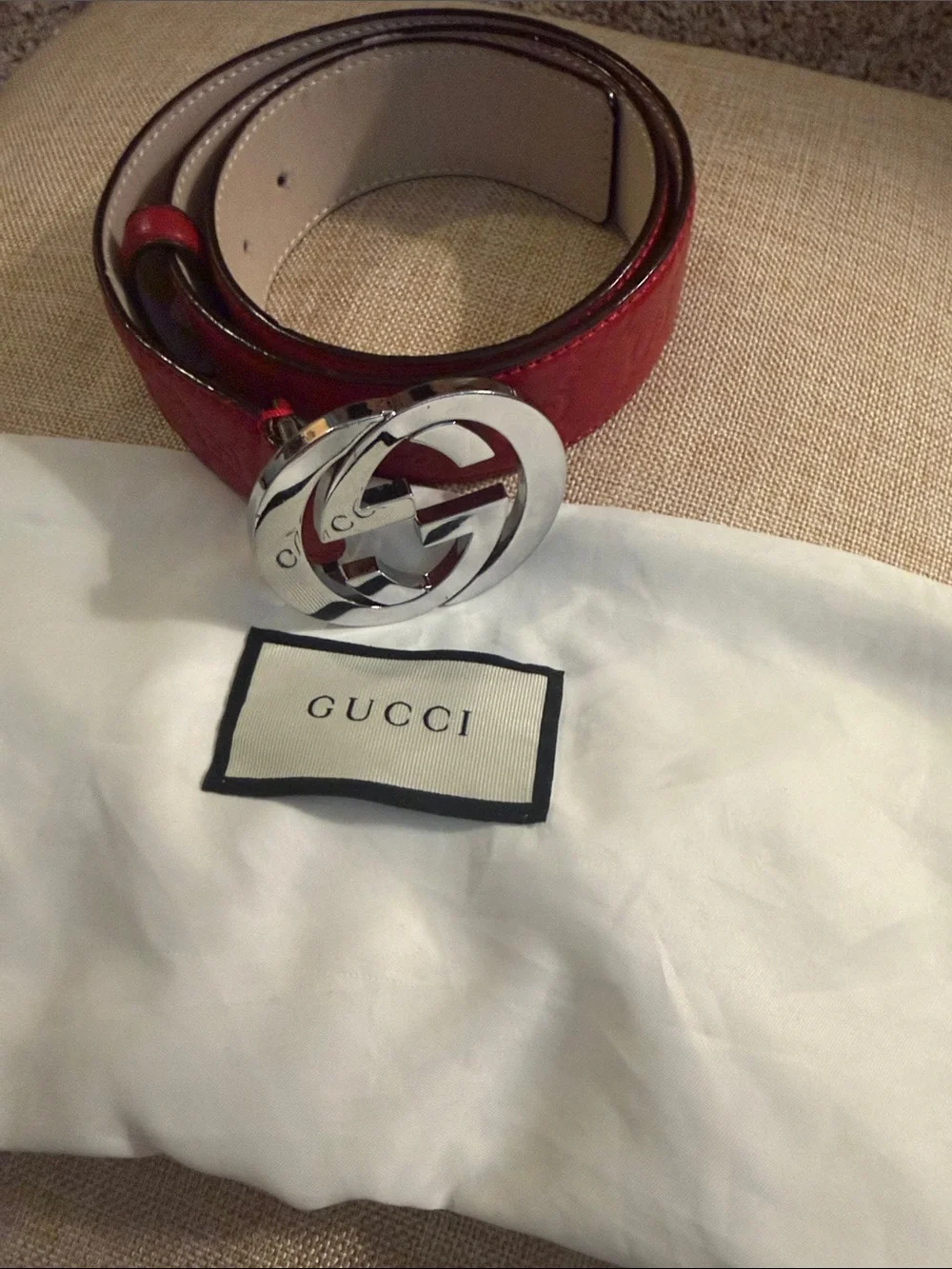 GUCCI WOMENS RED BELT SZ 85 Embossed GG BELT worn twice!Excellent. Dust bag too!